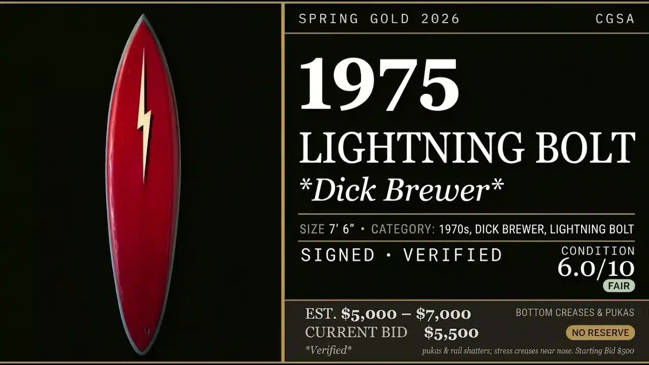 Rare authenticated 1975 vintage surfboard shaped by Dick Brewer for Lightning Bolt featuring white resin bolt with black drop shadow.