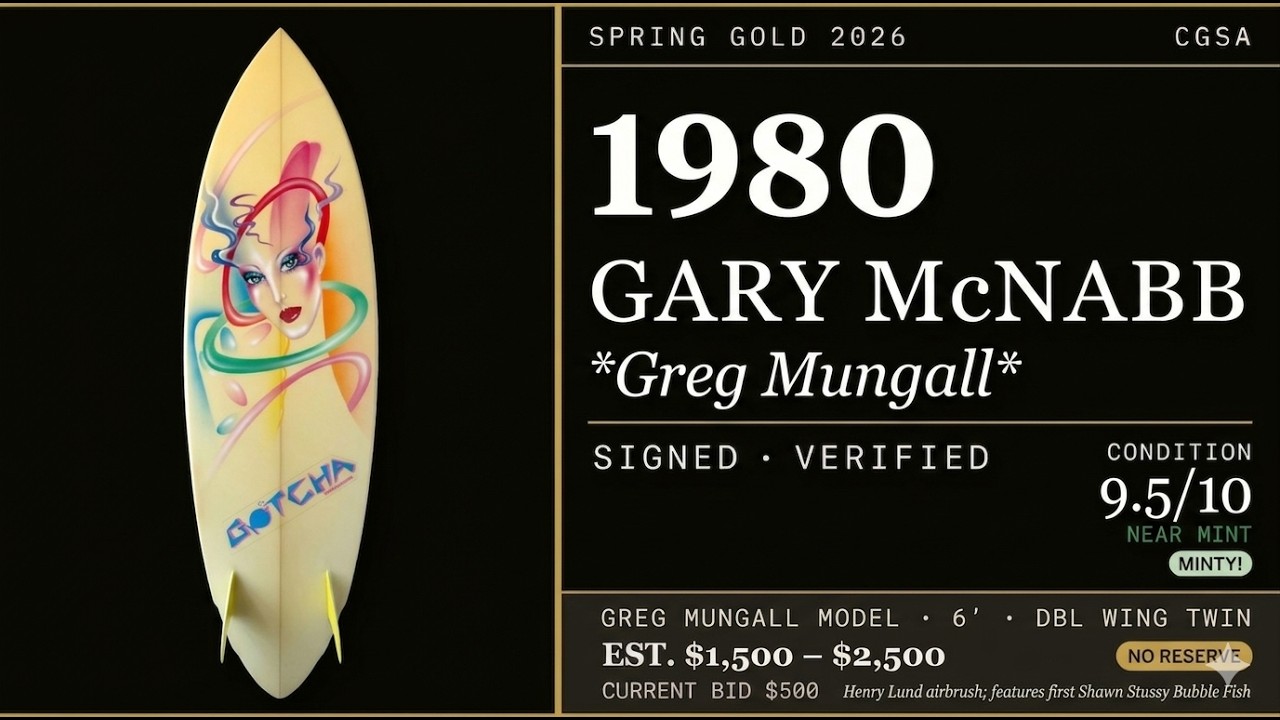 Rare authenticated 1980s vintage Gotcha surfboard featuring Shawn Stussy hand-drawn Bubble Fish sticker for California Gold Surf Auction Spring 2026.