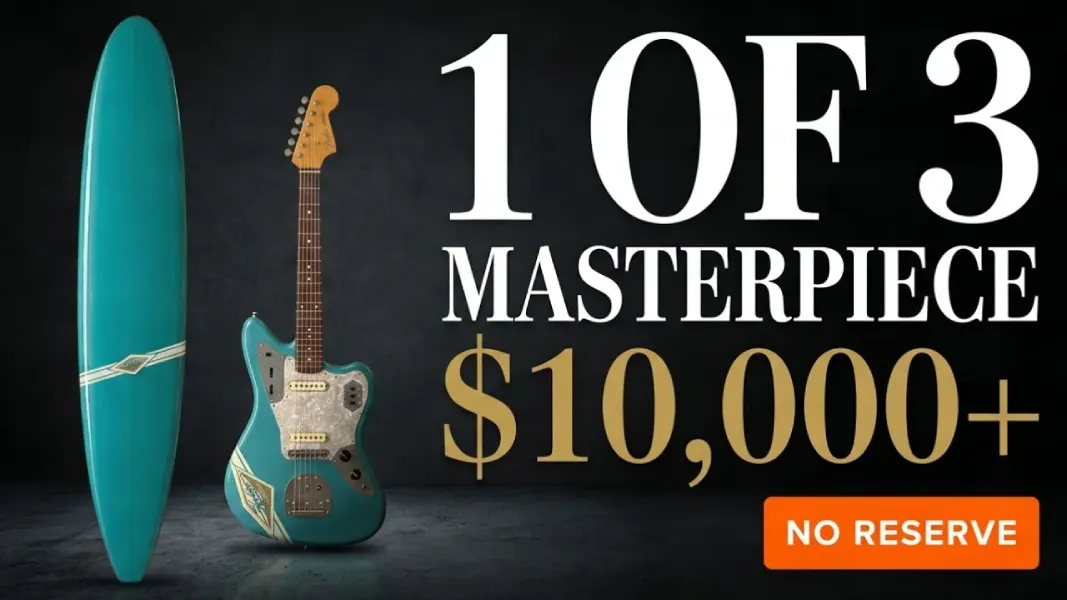 High-end surf green Fender electric guitar with matching custom surfboard on a dark background for an exclusive live auction.